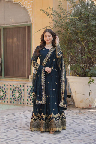 Party Wear Teal Blue Color Faux Georgette With Heavy Embroidery Sequence Work Gown