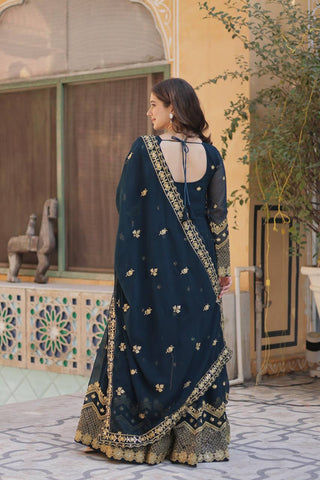 Party Wear Teal Blue Color Faux Georgette With Heavy Embroidery Sequence Work Gown