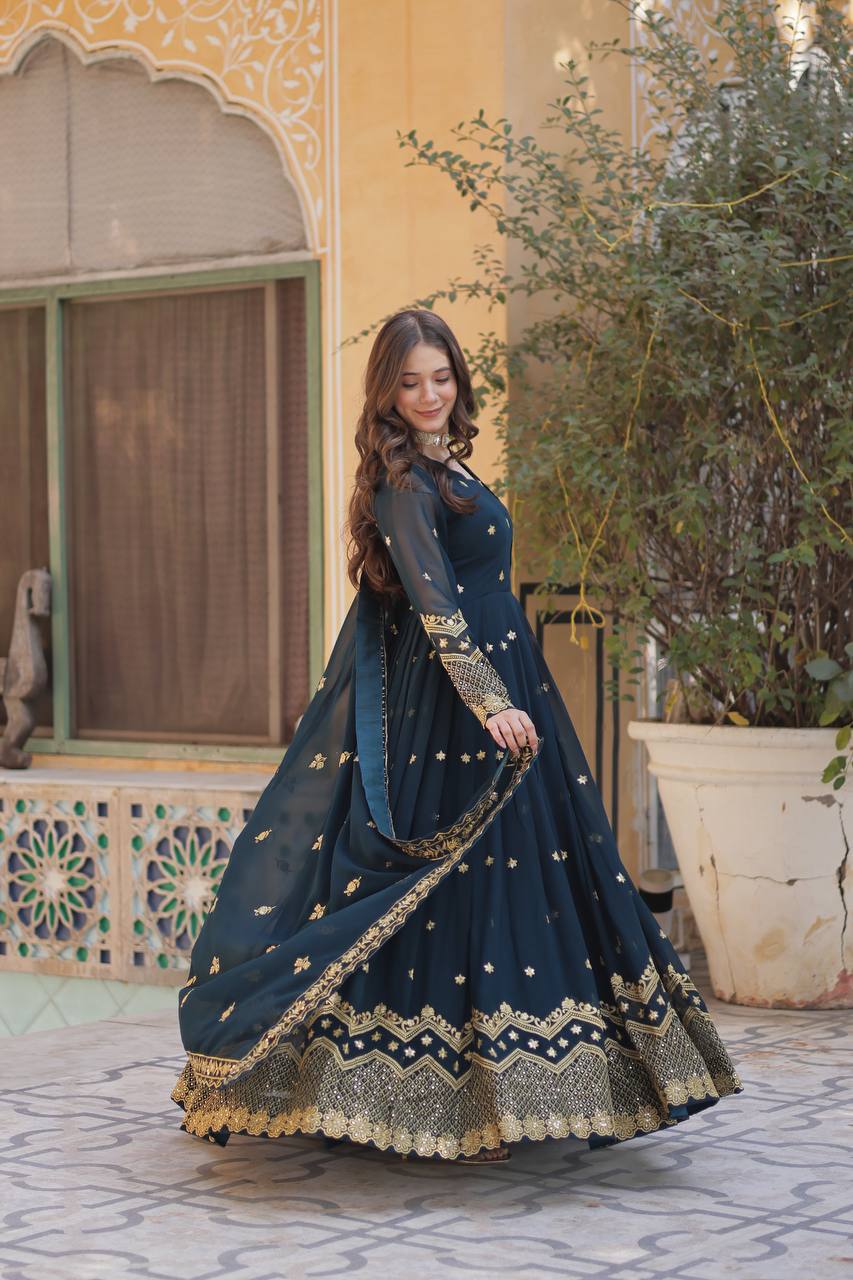 Party Wear Teal Blue Color Faux Georgette With Heavy Embroidery Sequence Work Gown