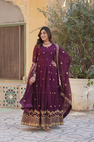 Party Wear Wine Color Faux Georgette With Heavy Embroidery Sequence Work Gown
