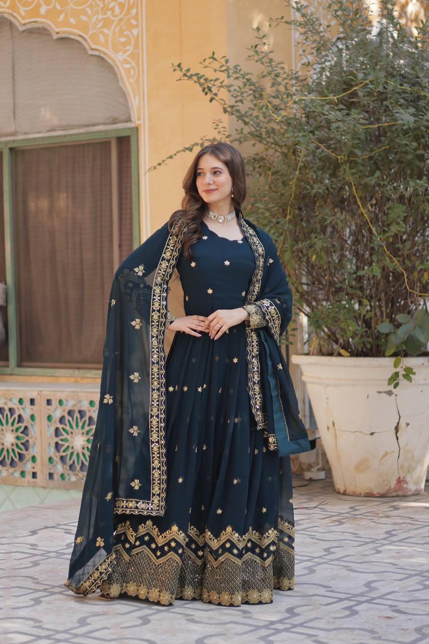 Party Wear Teal Blue Color Faux Georgette With Heavy Embroidery Sequence Work Gown