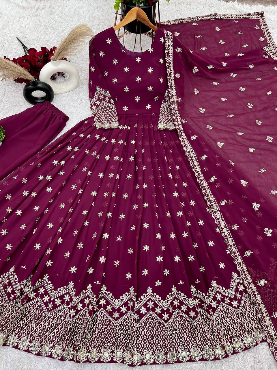Party Wear Wine Color Faux Georgette With Heavy Embroidery Sequence Work Gown
