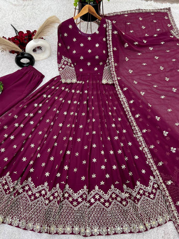 Party Wear Wine Color Faux Georgette With Heavy Embroidery Sequence Work Gown