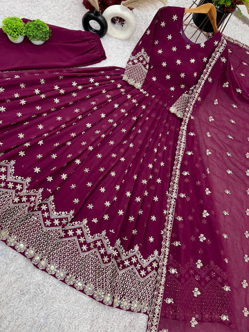 Party Wear Wine Color Faux Georgette With Heavy Embroidery Sequence Work Gown