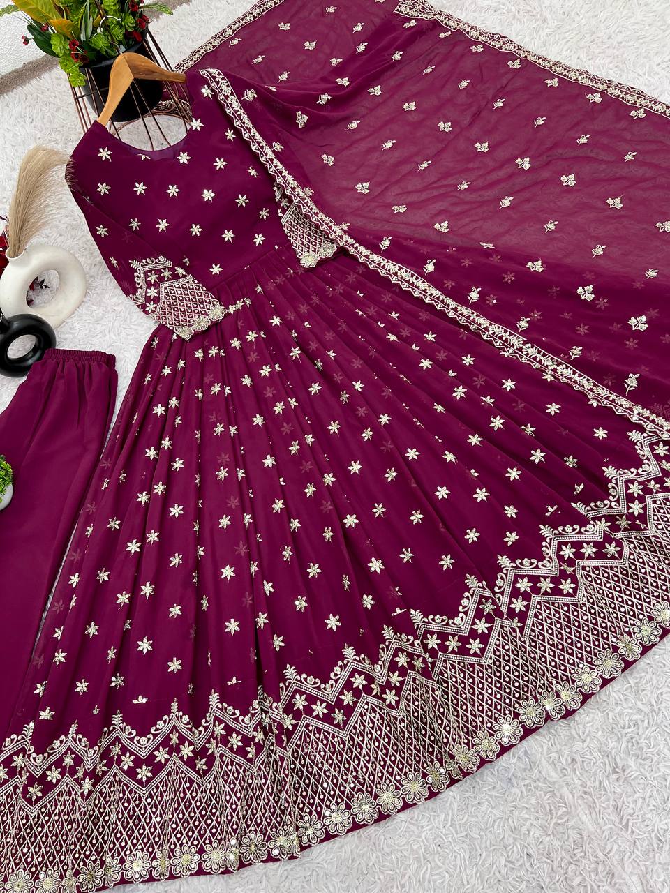 Party Wear Wine Color Faux Georgette With Heavy Embroidery Sequence Work Gown