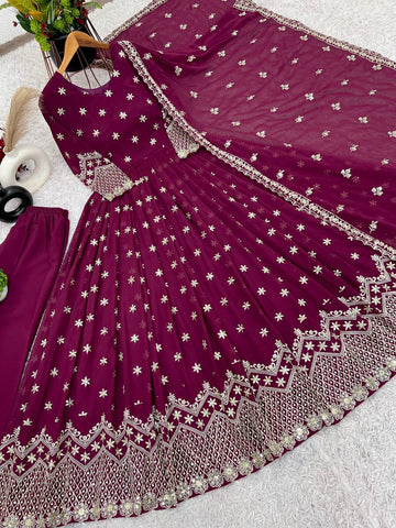 Party Wear Wine Color Faux Georgette With Heavy Embroidery Sequence Work Gown