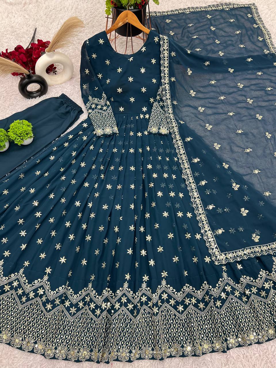 Party Wear Teal Blue Color Faux Georgette With Heavy Embroidery Sequence Work Gown