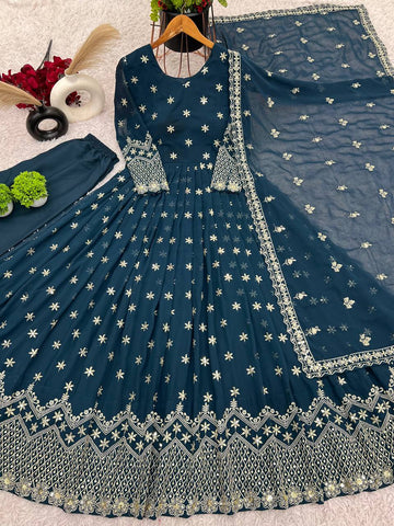 Party Wear Teal Blue Color Faux Georgette With Heavy Embroidery Sequence Work Gown