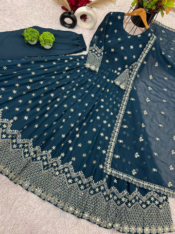 Party Wear Teal Blue Color Faux Georgette With Heavy Embroidery Sequence Work Gown