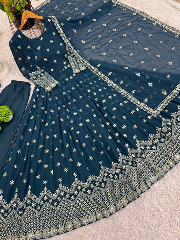 Party Wear Teal Blue Color Faux Georgette With Heavy Embroidery Sequence Work Gown