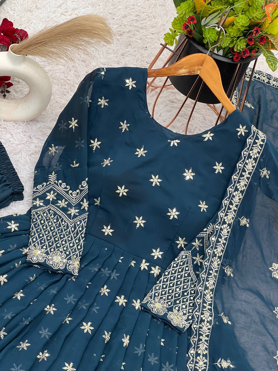 Party Wear Teal Blue Color Faux Georgette With Heavy Embroidery Sequence Work Gown