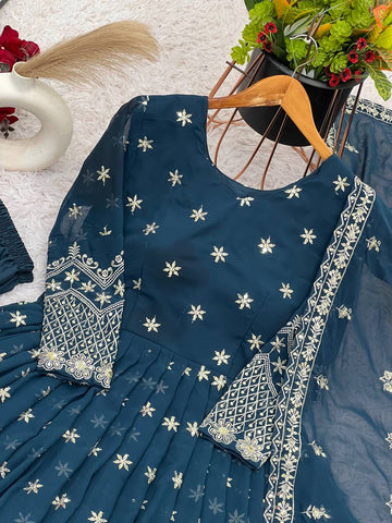 Party Wear Teal Blue Color Faux Georgette With Heavy Embroidery Sequence Work Gown