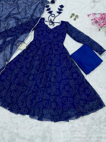 Party Wear Navy Blue Color Pure Georgette Printed Anarkali Gown