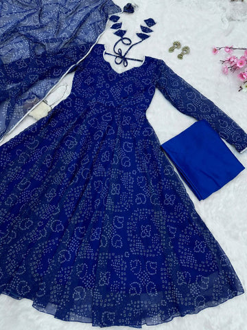 Party Wear Navy Blue Color Pure Georgette Printed Anarkali Gown