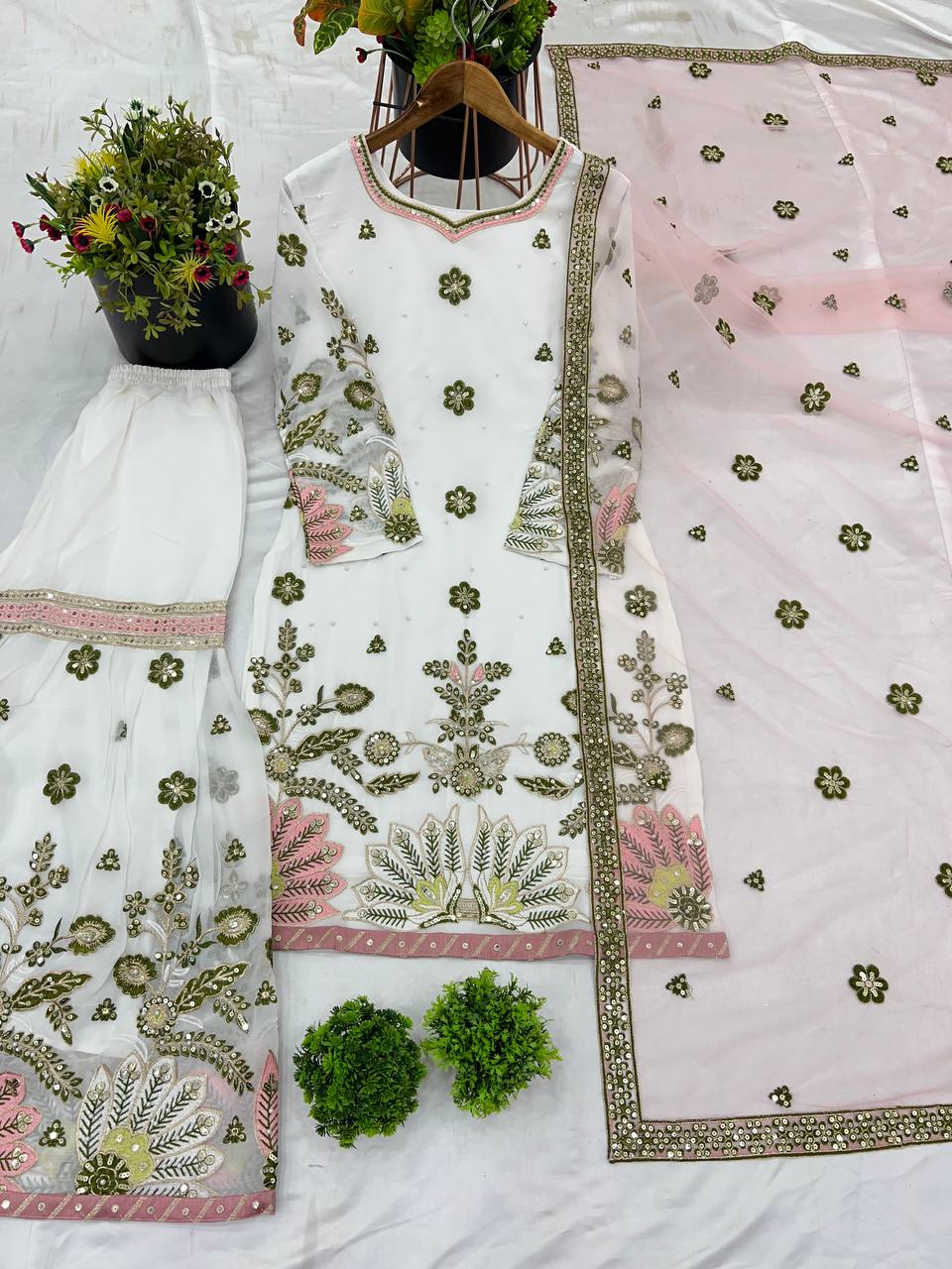 Stunning White Color Heavy Faux Georgette With 5mm Embroidery Sequence Work Designer Sharara Suit