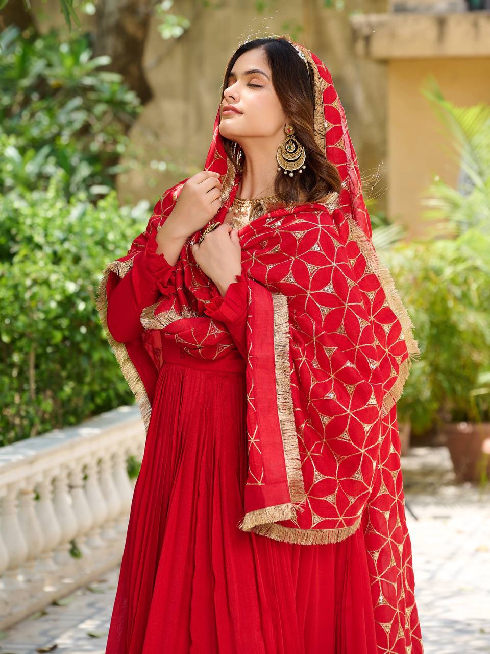 Glorious Red Color Pure Vichitra Silk Sequence Embroidery Work Gown