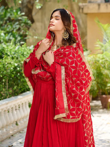 Glorious Red Color Pure Vichitra Silk Sequence Embroidery Work Gown