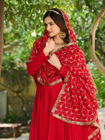 Glorious Red Color Pure Vichitra Silk Sequence Embroidery Work Gown