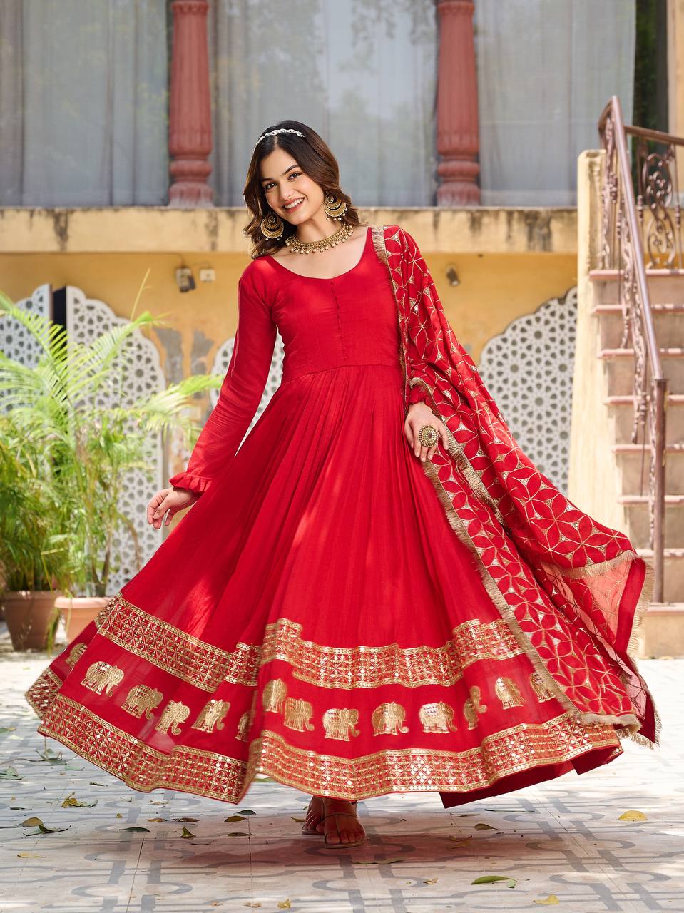 Glorious Red Color Pure Vichitra Silk Sequence Embroidery Work Gown