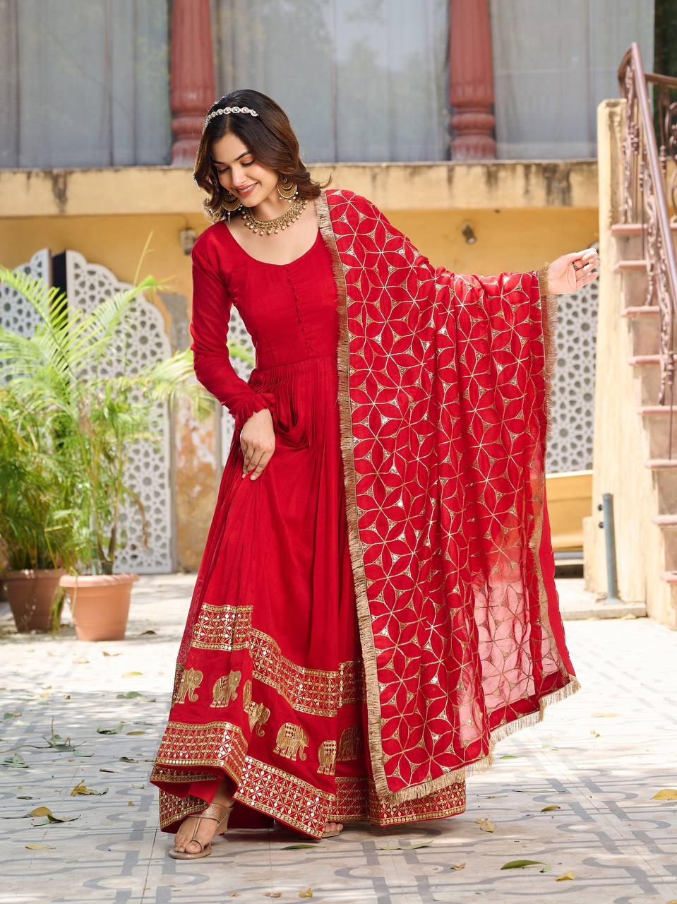 Glorious Red Color Pure Vichitra Silk Sequence Embroidery Work Gown
