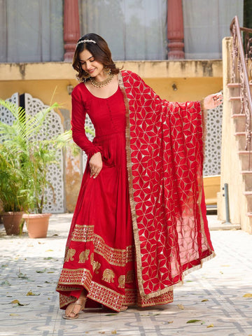 Glorious Red Color Pure Vichitra Silk Sequence Embroidery Work Gown