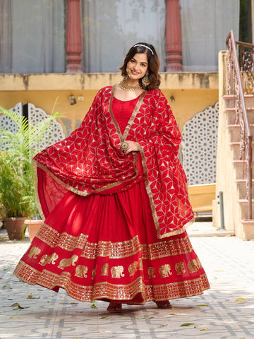 Glorious Red Color Pure Vichitra Silk Sequence Embroidery Work Gown
