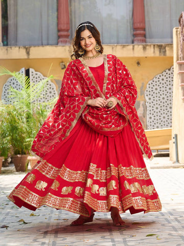 Glorious Red Color Pure Vichitra Silk Sequence Embroidery Work Gown