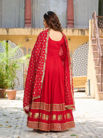 Glorious Red Color Pure Vichitra Silk Sequence Embroidery Work Gown