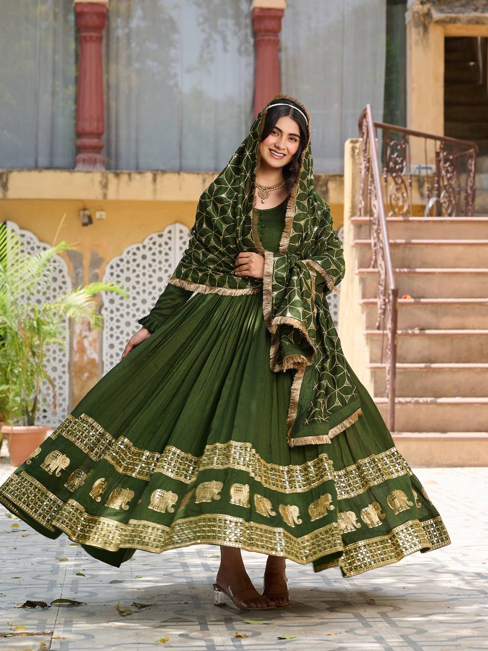Glorious Green Color Pure Vichitra Silk Sequence Embroidery Work Gown