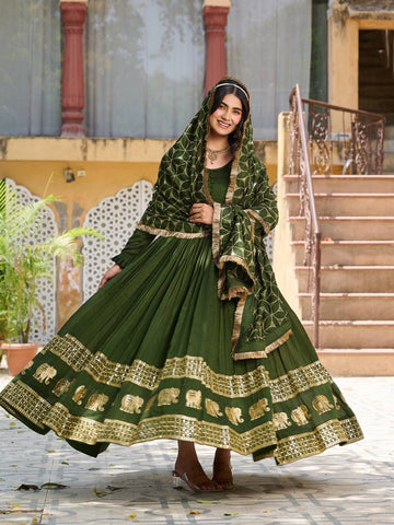 Glorious Green Color Pure Vichitra Silk Sequence Embroidery Work Gown