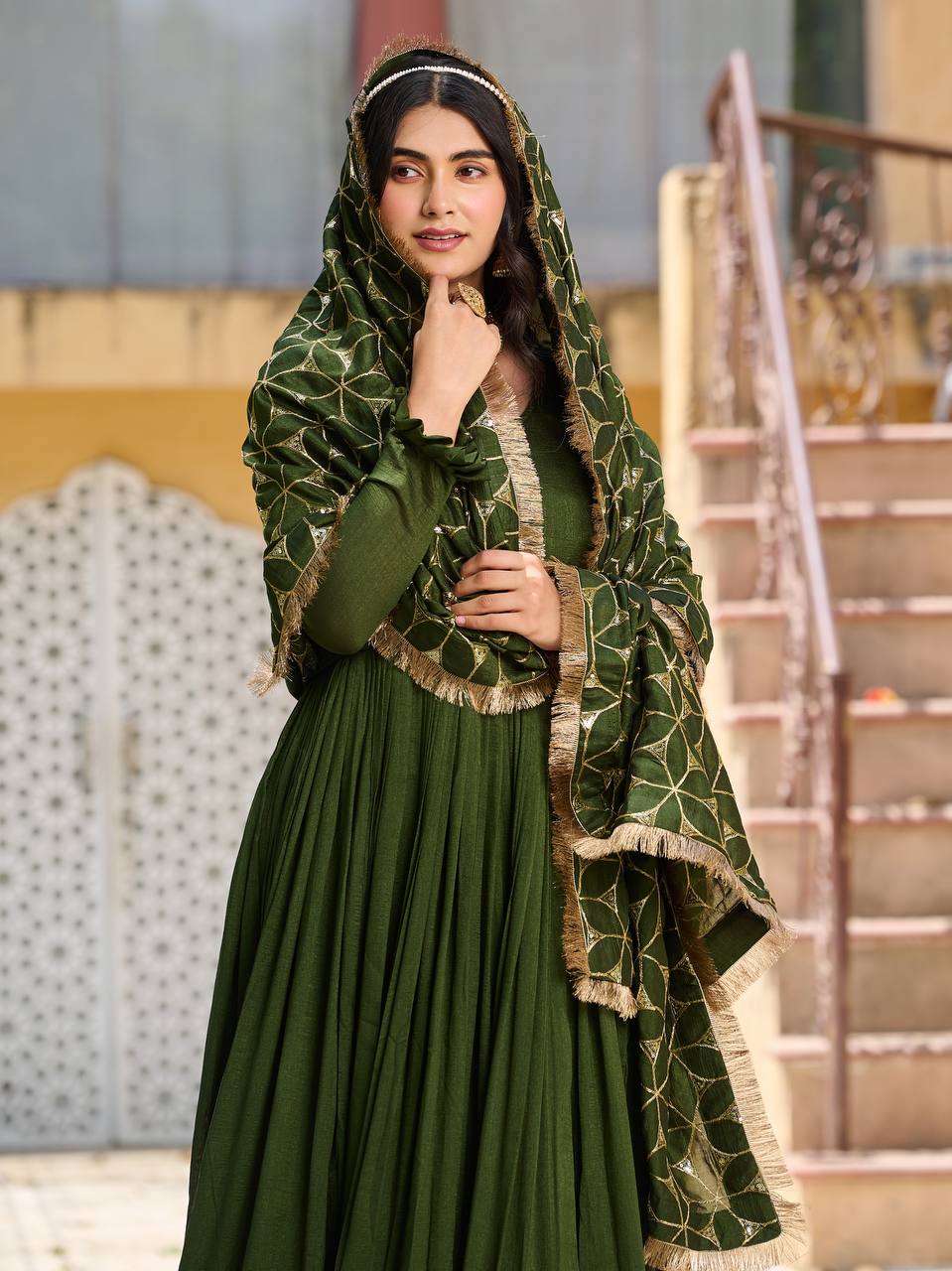 Glorious Green Color Pure Vichitra Silk Sequence Embroidery Work Gown