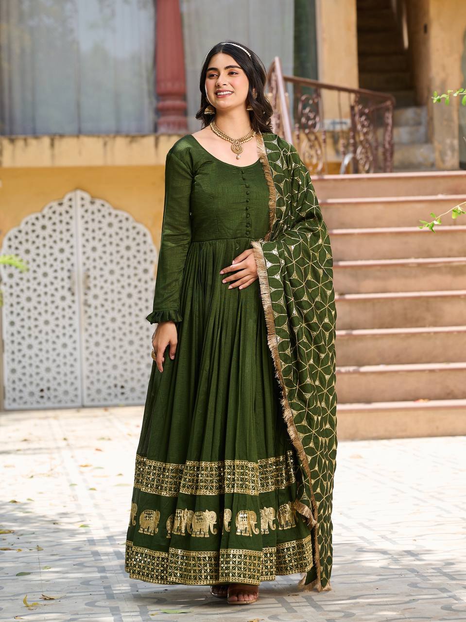 Glorious Green Color Pure Vichitra Silk Sequence Embroidery Work Gown