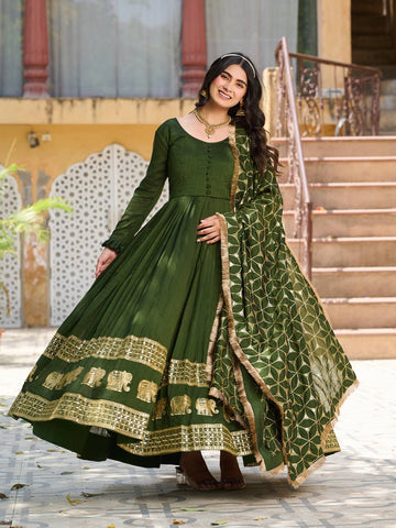Glorious Green Color Pure Vichitra Silk Sequence Embroidery Work Gown