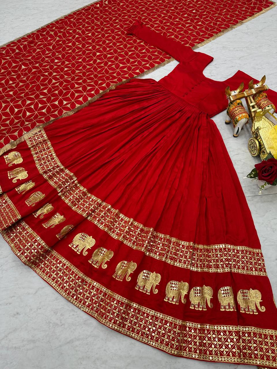 Glorious Red Color Pure Vichitra Silk Sequence Embroidery Work Gown