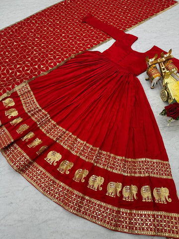 Glorious Red Color Pure Vichitra Silk Sequence Embroidery Work Gown