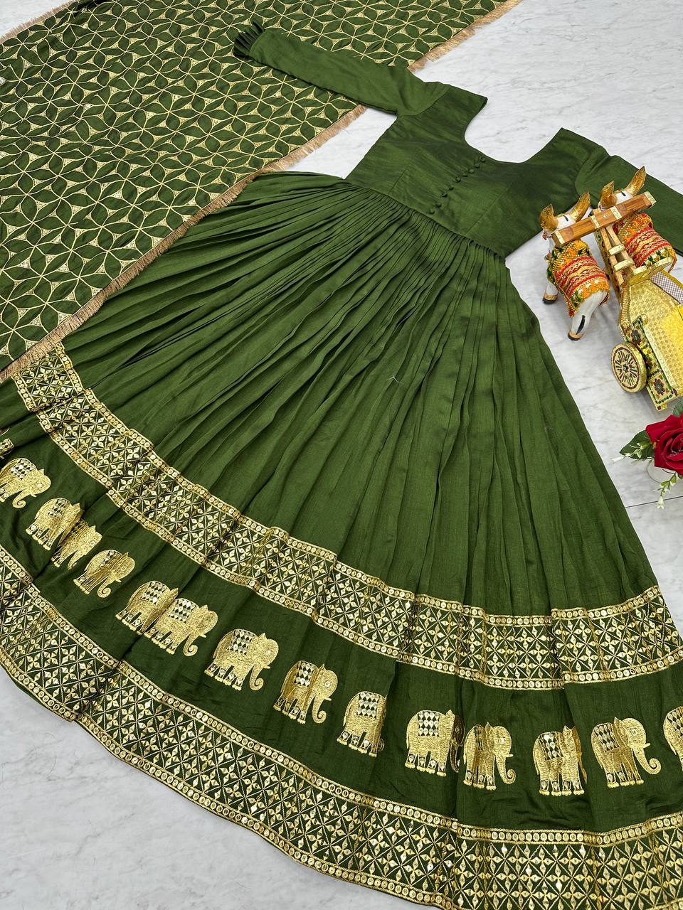 Glorious Green Color Pure Vichitra Silk Sequence Embroidery Work Gown