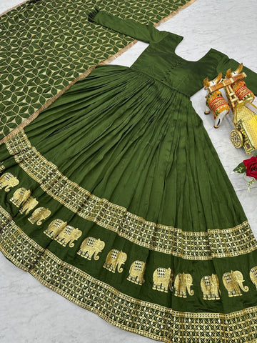 Glorious Green Color Pure Vichitra Silk Sequence Embroidery Work Gown