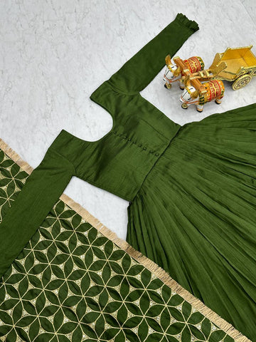Glorious Green Color Pure Vichitra Silk Sequence Embroidery Work Gown