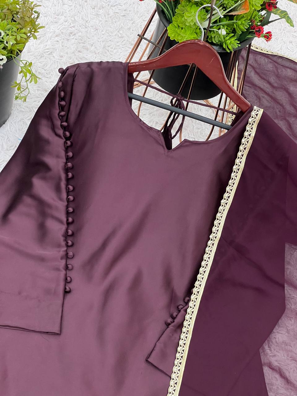 Trending Latest Collection Wine Color Japan Satin Designer Salwar Suit