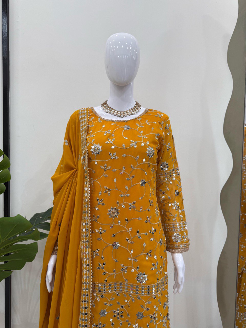 Superhit Mustard Color Faux Georgette And Thread With 9mm Sequence Work Sharara Suit