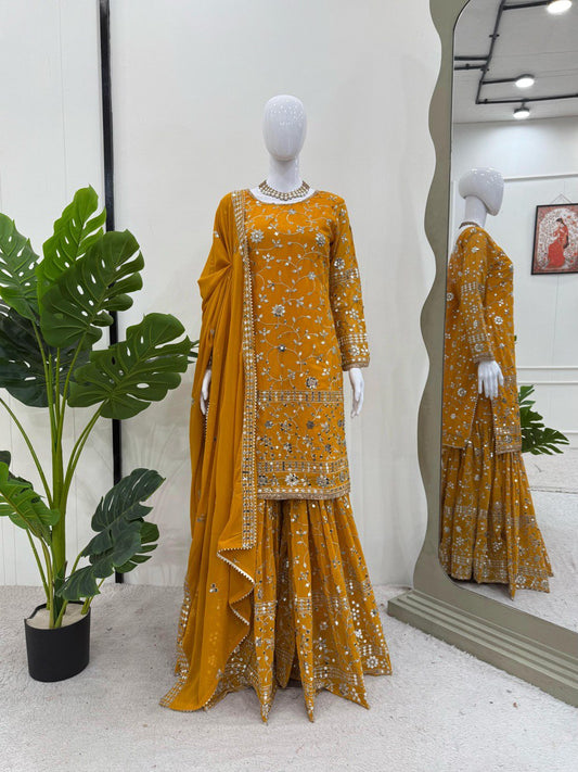 Superhit Mustard Color Faux Georgette And Thread With 9mm Sequence Work Sharara Suit