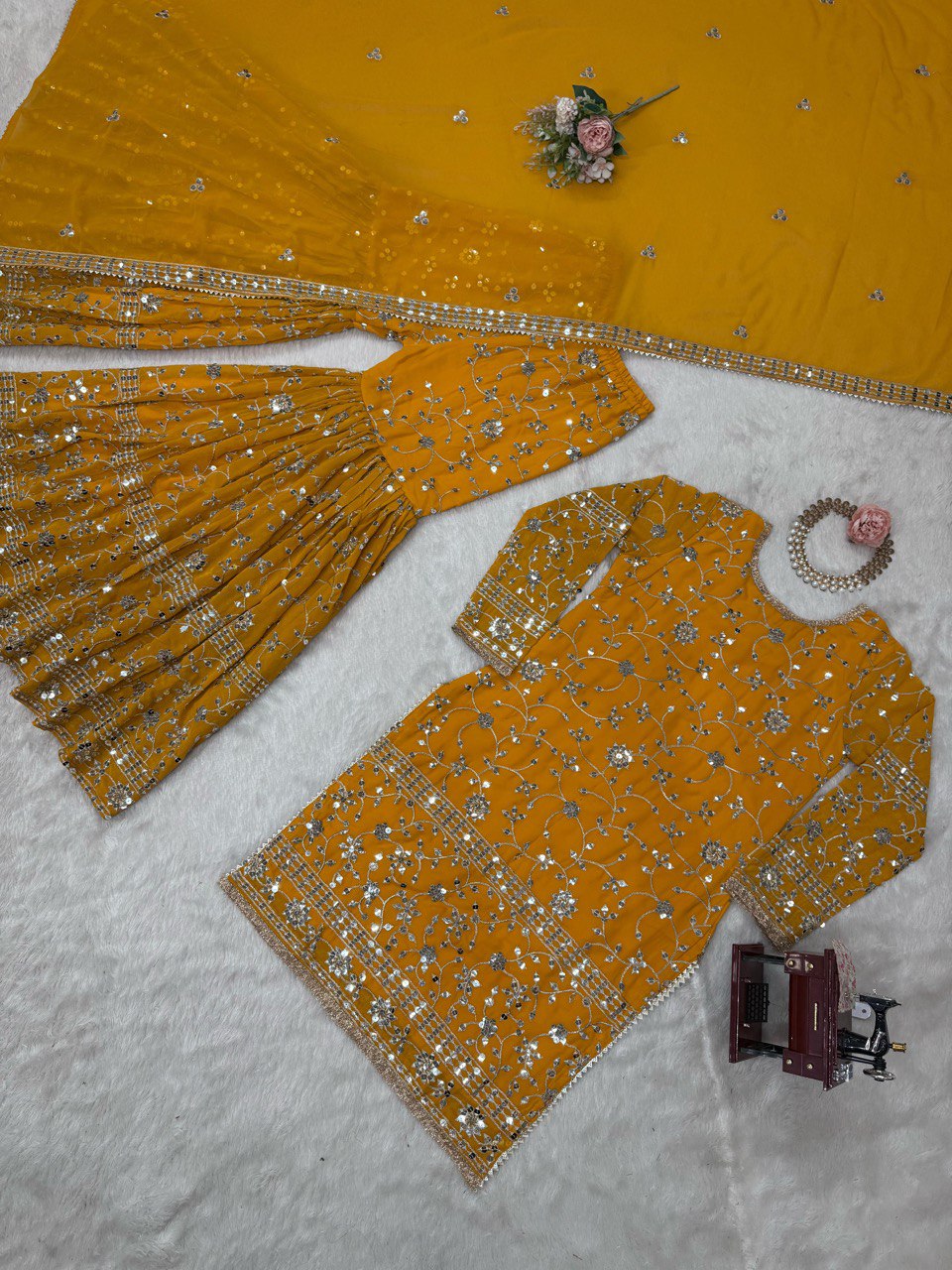 Superhit Mustard Color Faux Georgette And Thread With 9mm Sequence Work Sharara Suit