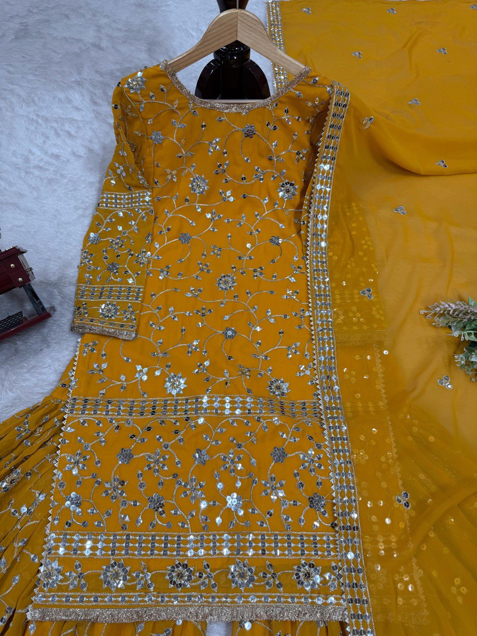 Superhit Mustard Color Faux Georgette And Thread With 9mm Sequence Work Sharara Suit