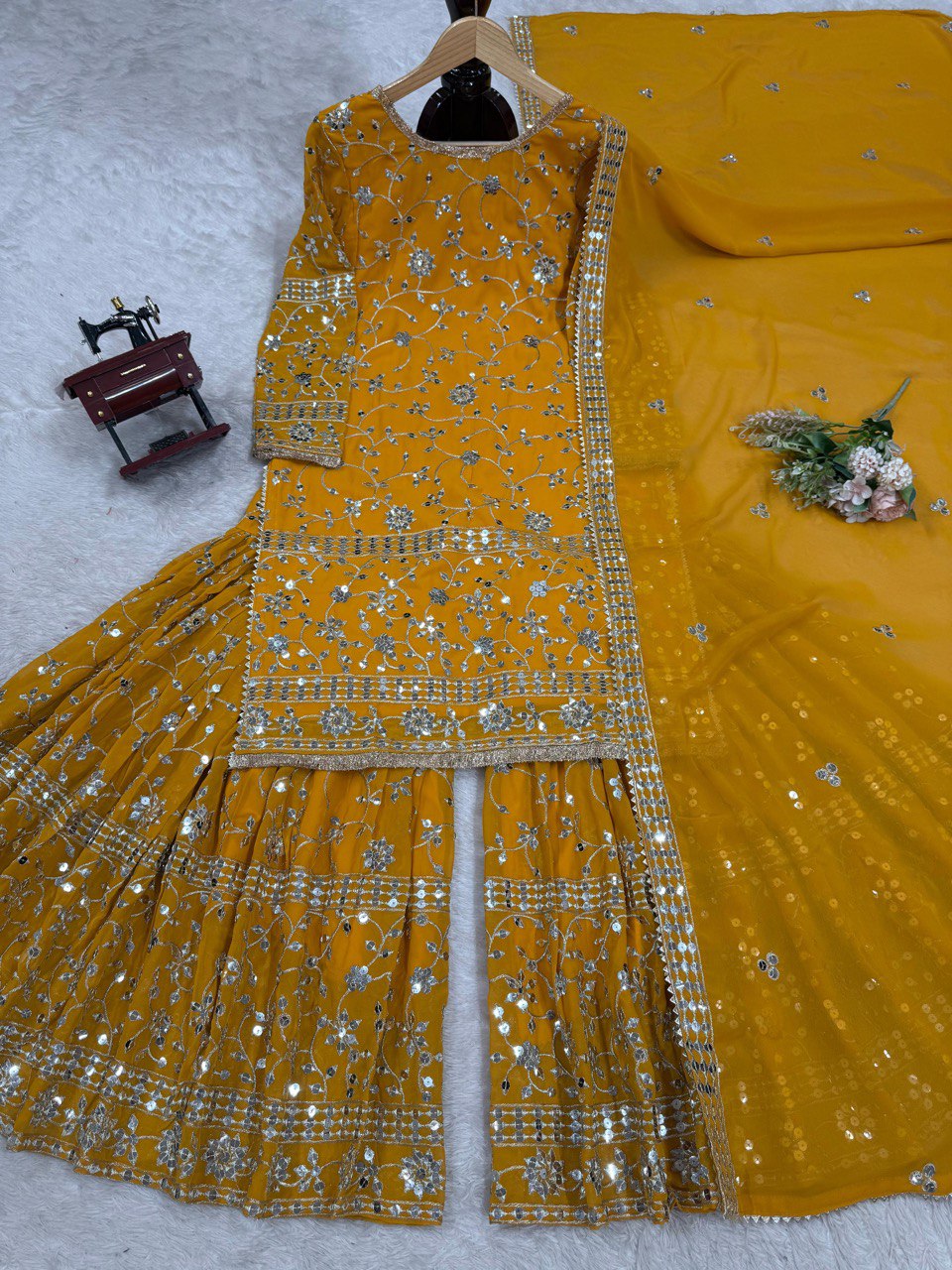 Superhit Mustard Color Faux Georgette And Thread With 9mm Sequence Work Sharara Suit