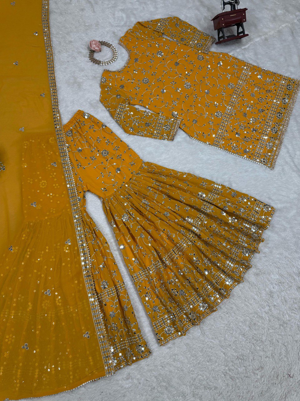Superhit Mustard Color Faux Georgette And Thread With 9mm Sequence Work Sharara Suit