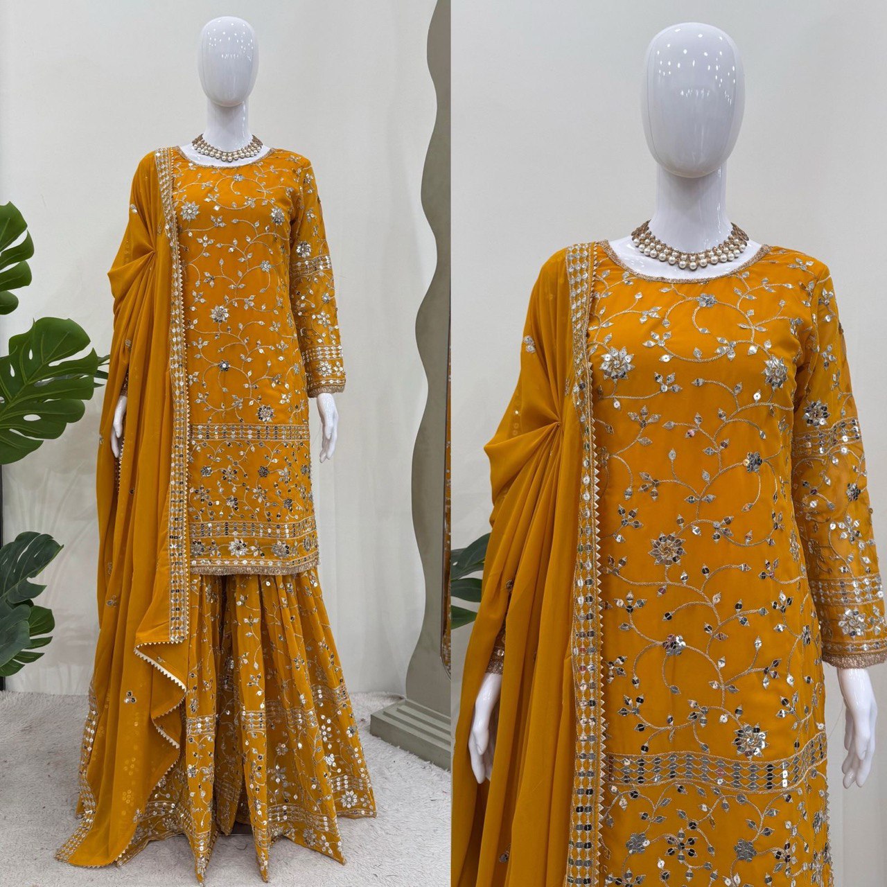 Superhit Mustard Color Faux Georgette And Thread With 9mm Sequence Work Sharara Suit