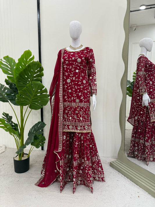 Superhit Maroon Color Faux Georgette And Thread With 9mm Sequence Work Sharara Suit