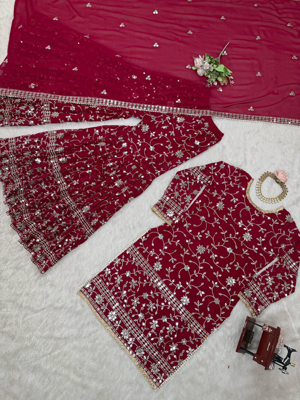 Superhit Maroon Color Faux Georgette And Thread With 9mm Sequence Work Sharara Suit