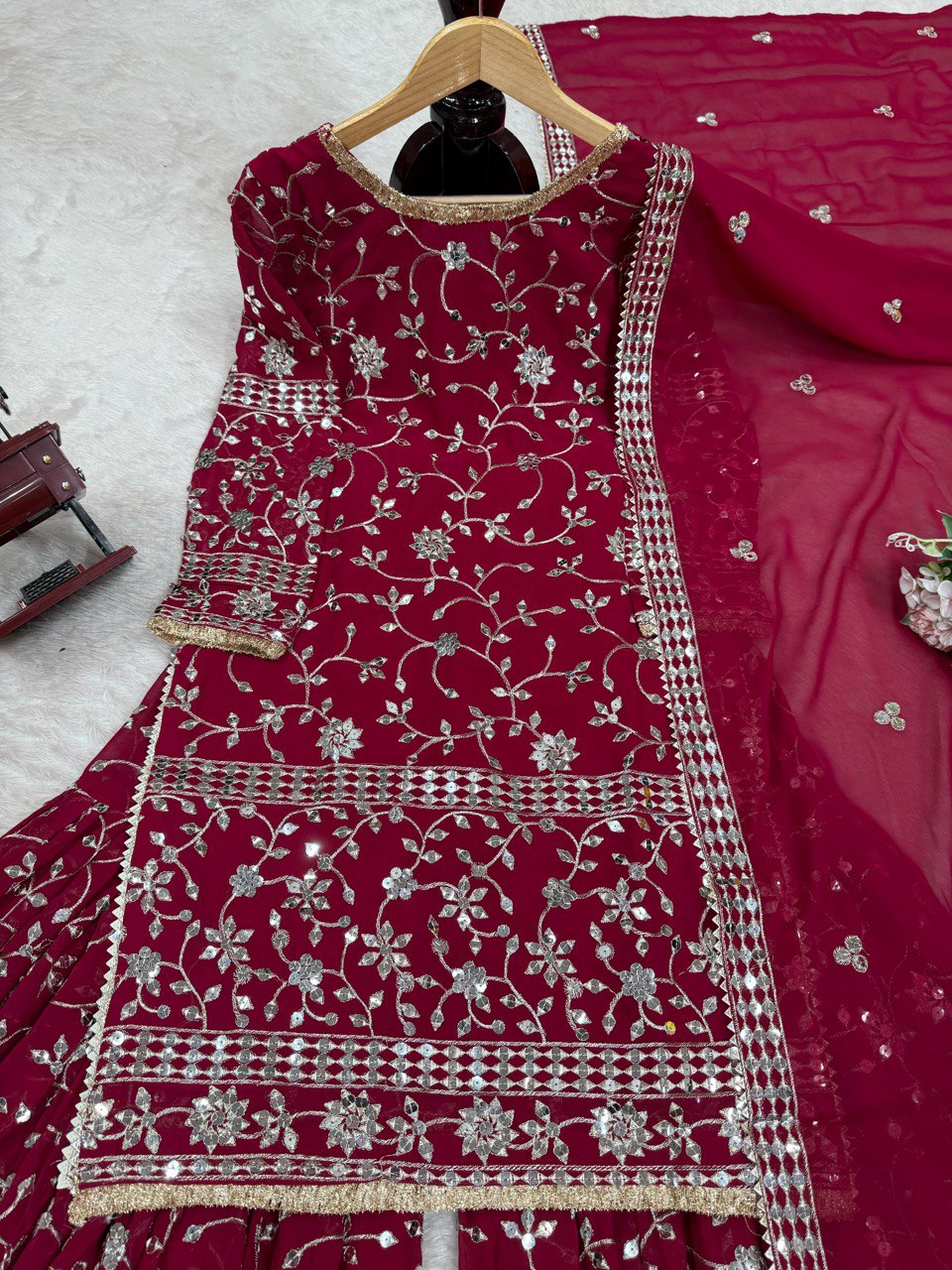 Superhit Maroon Color Faux Georgette And Thread With 9mm Sequence Work Sharara Suit
