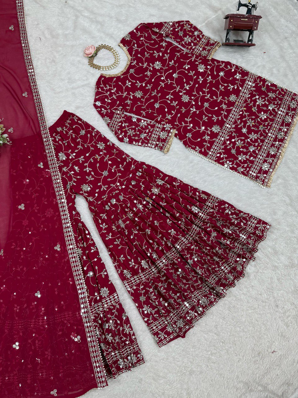 Superhit Maroon Color Faux Georgette And Thread With 9mm Sequence Work Sharara Suit